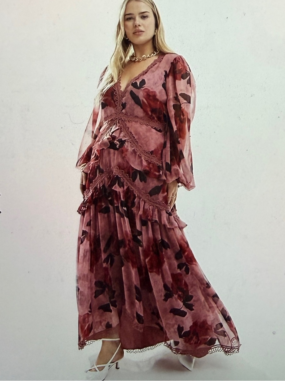 ASOS Curve Floral Long Sleeve V-Neck Midaxi Dress Pink Plus Size US 20
